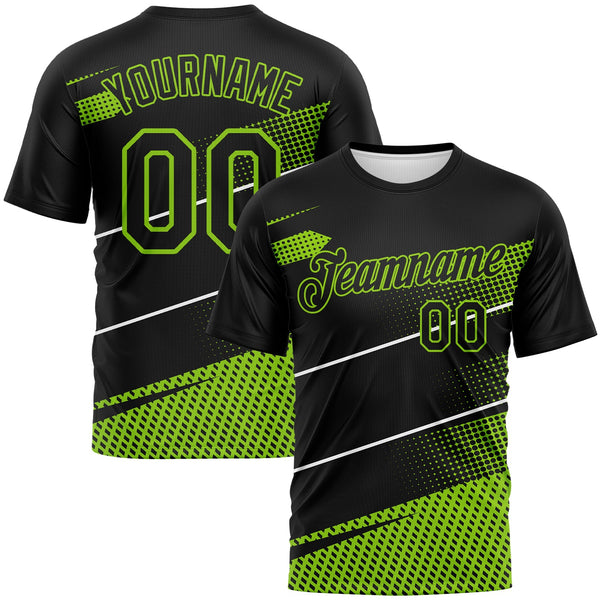 Custom Black Neon Green-White Diagonal Stripe Halftone Performance T-Shirt