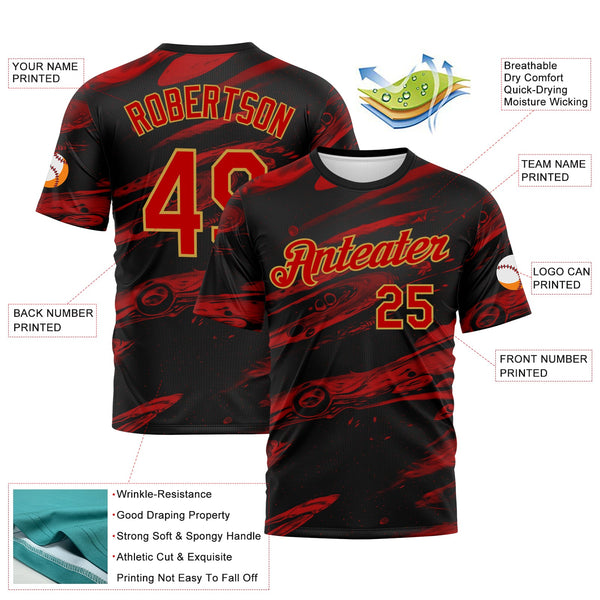 Custom Black Red-Old Gold Lava Splash Ink Wash Performance T-Shirt alternate