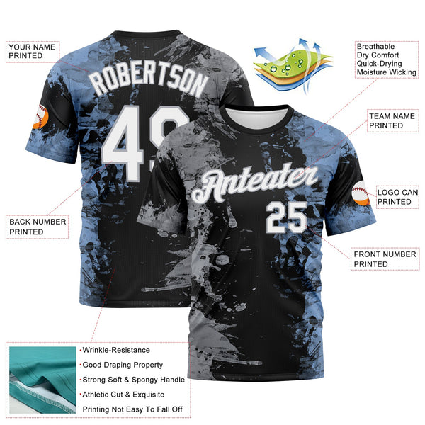 Custom Gray White Black-Light Blue Ink Splash Duotono Style Performance T-Shirt alternate