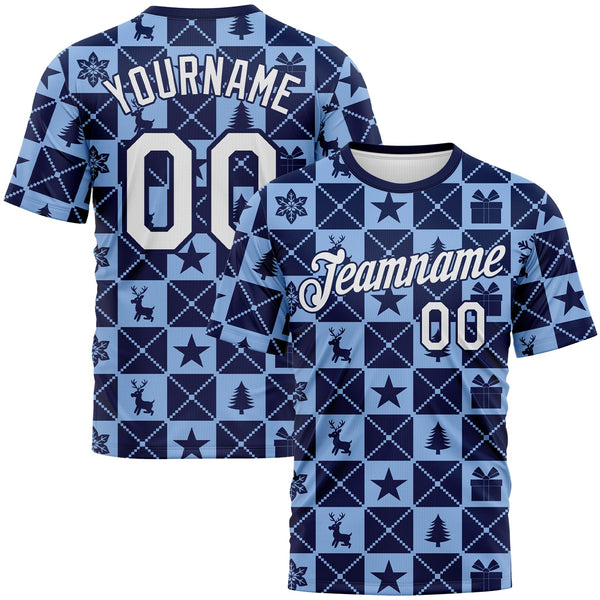 Custom Navy White-Light Blue Christmas Buffalo Check Performance T-Shirt