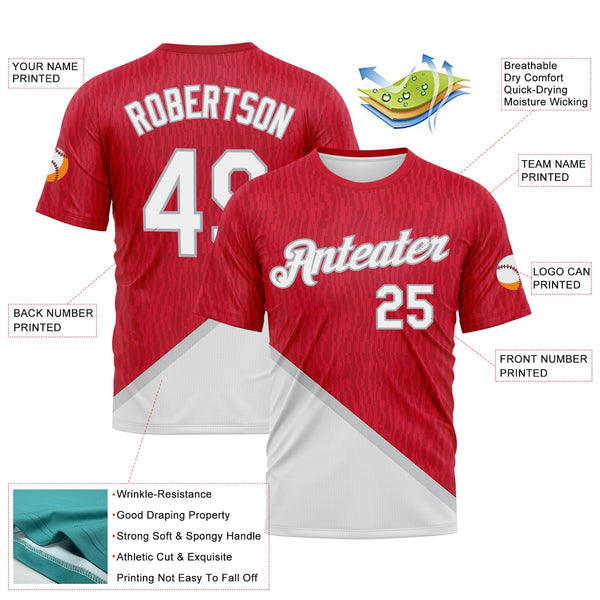Custom Red White-Gray Subtle Diagonal Split Performance T-Shirt alternate