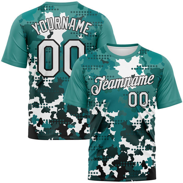 Custom White Teal-Black Camouflage Performance T-Shirt
