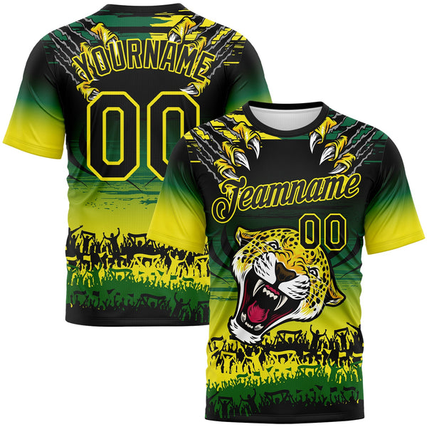 Custom Black Kelly Green-Light Yellow Leopard Performance T-Shirt