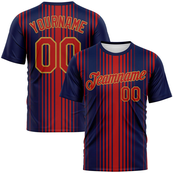Custom Navy Red-Old Gold Vertical Stripe Classic Performance T-Shirt