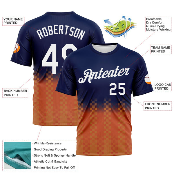 Custom Navy White-Orange Gradient Racing Checkerboard Sportswear Performance T-Shirt alternate