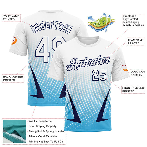 Custom White Sky Blue-Navy Gradient Dot Halftone Sportswear Performance T-Shirt alternate