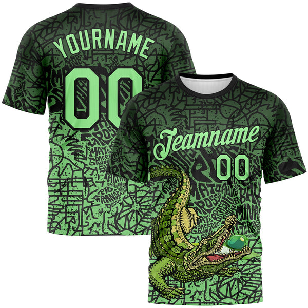 Custom Black-Pea Green Animal Alligator Mascot Street Graffiti Performance T-Shirt