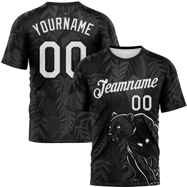 Custom Black White-Gray Animal Panther Mascot Tropical Leaves Performance T-Shirt
