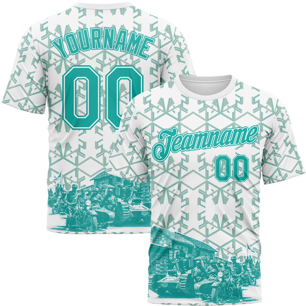Custom White-Aqua Geometric Military Vibe Performance T-Shirt