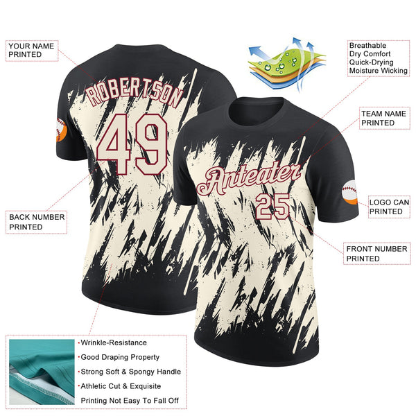 Custom Black Cream-Crimson Torn Sharp Brush Stroke Splatter Performance T-Shirt alternate