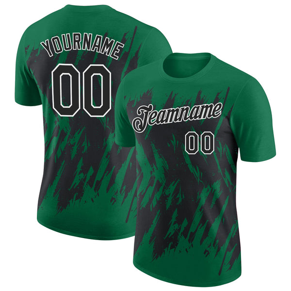 Custom Kelly Green Black-White Torn Sharp Brush Stroke Splatter Performance T-Shirt