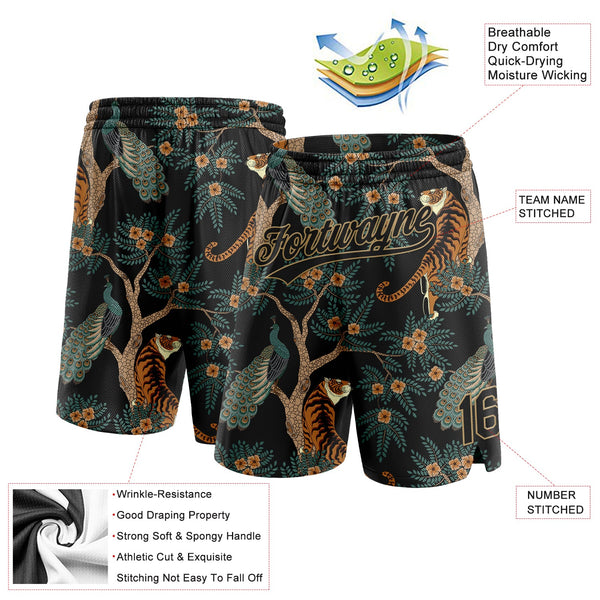 Custom Black Old Gold 3D Pattern 3D Pattern Design Tiger And Peacock Authentic Basketball Shorts alternate