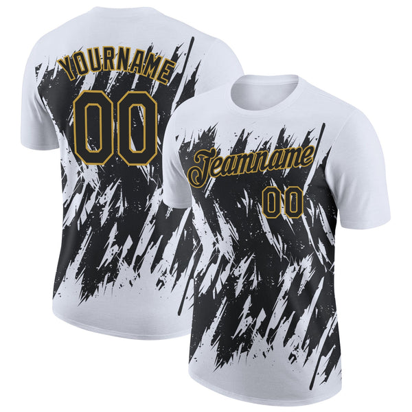 Custom White Black-Old Gold Torn Sharp Brush Stroke Splatter Performance T-Shirt