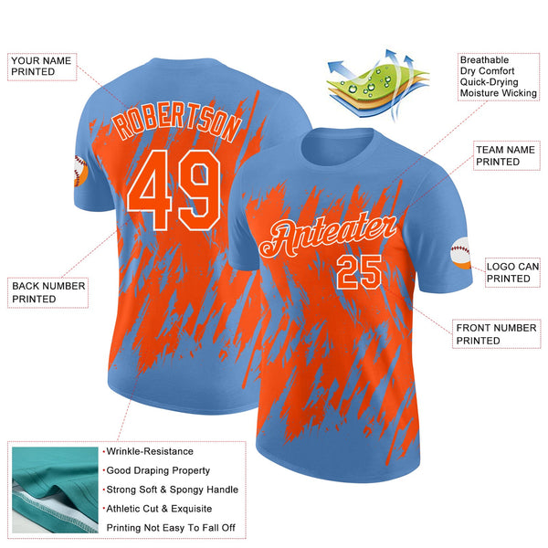 Custom Light Blue Orange-White Torn Sharp Brush Stroke Splatter Performance T-Shirt alternate