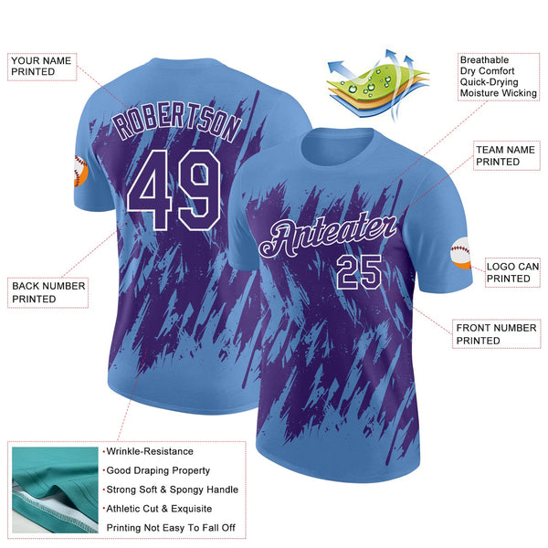 Custom Light Blue Purple-White Torn Sharp Brush Stroke Splatter Performance T-Shirt alternate