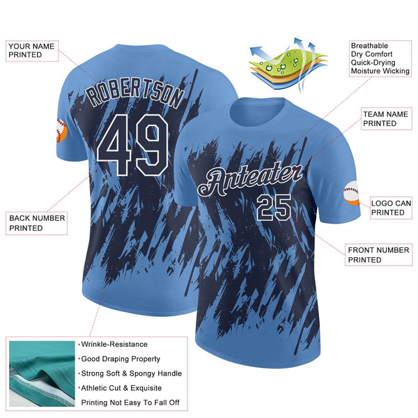 Custom Light Blue Navy-White Torn Sharp Brush Stroke Splatter Performance T-Shirt alternate