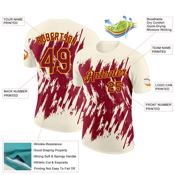 Custom Cream Crimson-Yellow Torn Sharp Brush Stroke Splatter Performance T-Shirt alternate