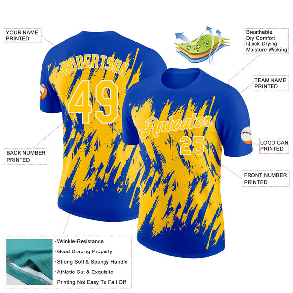 Custom Thunder Blue Yellow-White Torn Sharp Brush Stroke Splatter Performance T-Shirt alternate