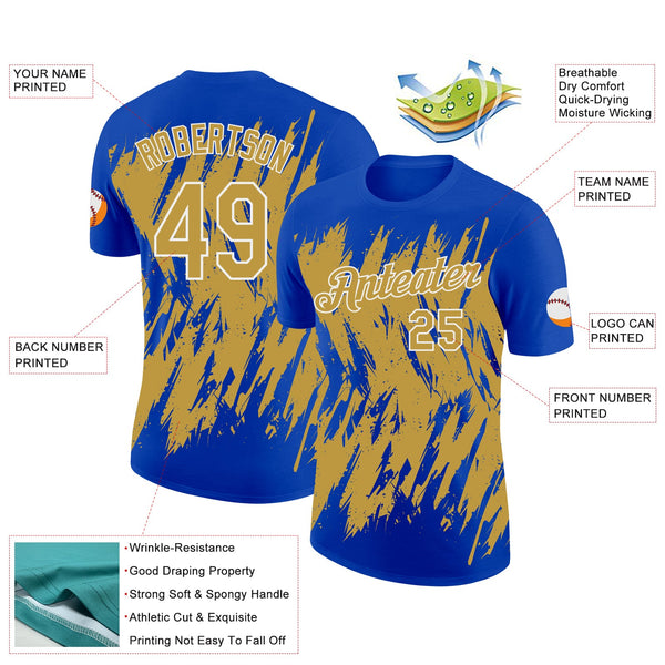 Custom Thunder Blue Old Gold-White Torn Sharp Brush Stroke Splatter Performance T-Shirt alternate