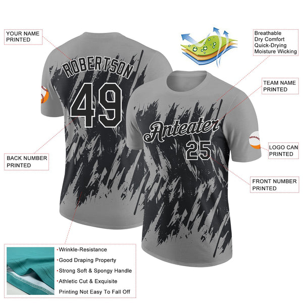 Custom Gray Black-White Torn Sharp Brush Stroke Splatter Performance T-Shirt alternate