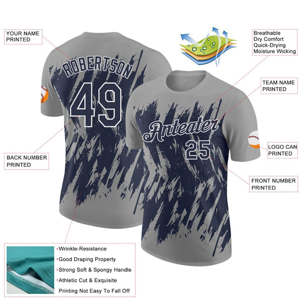 Custom Gray Navy-White Torn Sharp Brush Stroke Splatter Performance T-Shirt alternate