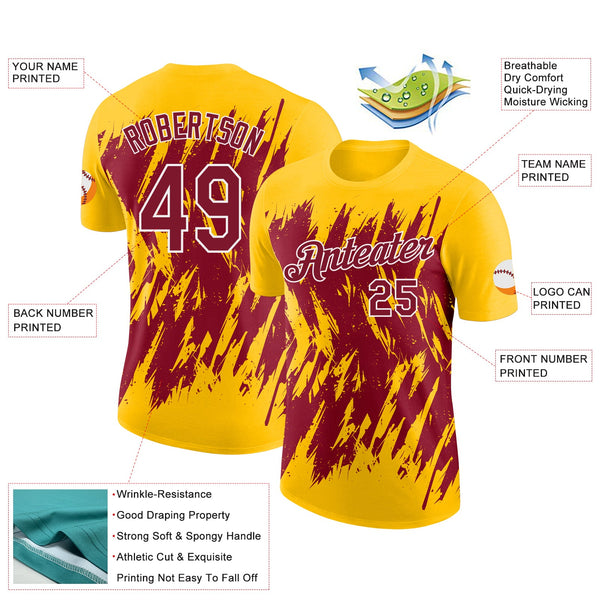 Custom Yellow Crimson-White Torn Sharp Brush Stroke Splatter Performance T-Shirt alternate