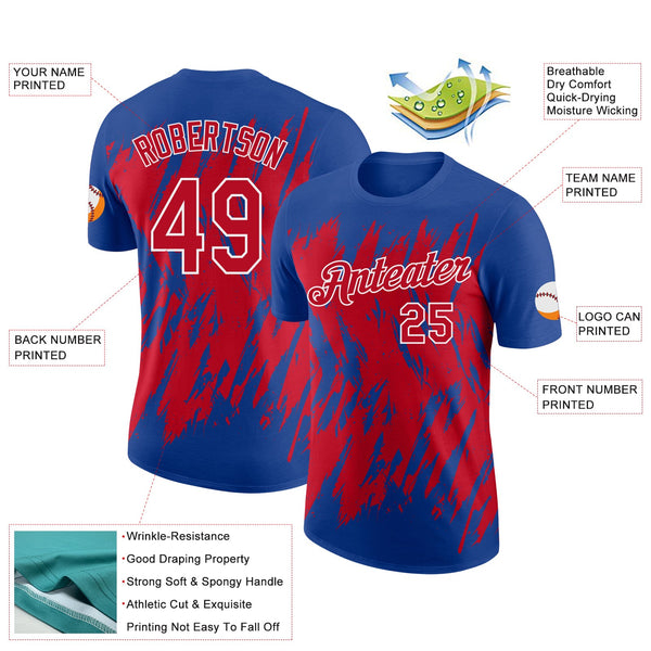 Custom Royal Red-White Torn Sharp Brush Stroke Splatter Performance T-Shirt alternate