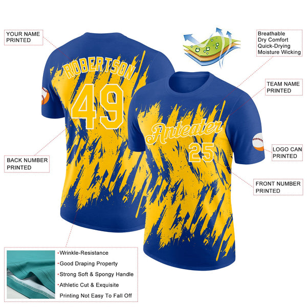 Custom Royal Yellow-White Torn Sharp Brush Stroke Splatter Performance T-Shirt alternate