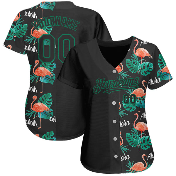 Custom Black Kelly Green 3D Pattern Design Hawaii Flamingos And Leaves Authentic Baseball Jersey alternate