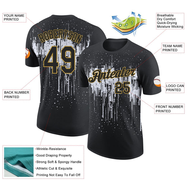 Custom Black White-Old Gold Dripping Splatter Paint Performance T-Shirt alternate