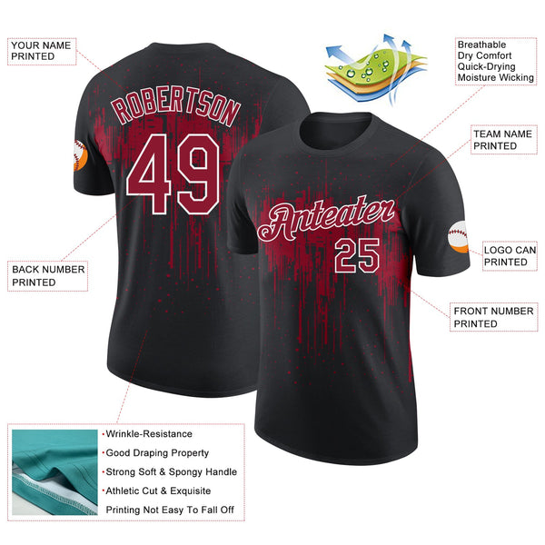 Custom Black Crimson-White Dripping Splatter Paint Performance T-Shirt alternate