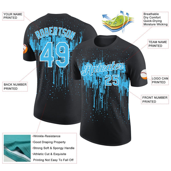 Custom Black Sky Blue-White Dripping Splatter Paint Performance T-Shirt alternate