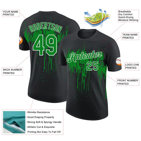 Custom Black Grass Green-White Dripping Splatter Paint Performance T-Shirt alternate