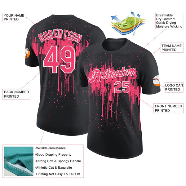 Custom Black Neon Pink-White Dripping Splatter Paint Performance T-Shirt alternate