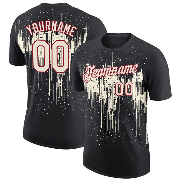 Custom Black Cream-Crimson Dripping Splatter Paint Performance T-Shirt