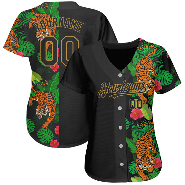 Custom Black Old Gold 3D Pattern Design Hawaii Tropical Tiger Authentic Baseball Jersey alternate