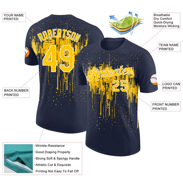Custom Navy Yellow-White Dripping Splatter Paint Performance T-Shirt alternate