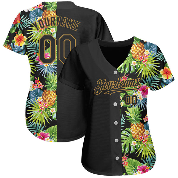 Custom Black Old Gold 3D Pattern Design Hawaii Tropical Pineapples, Palm Leaves And Flowers Authentic Baseball Jersey alternate