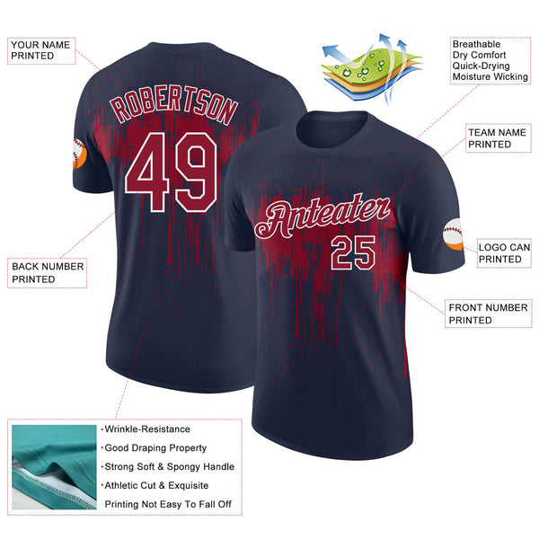 Custom Navy Crimson-White Dripping Splatter Paint Performance T-Shirt alternate