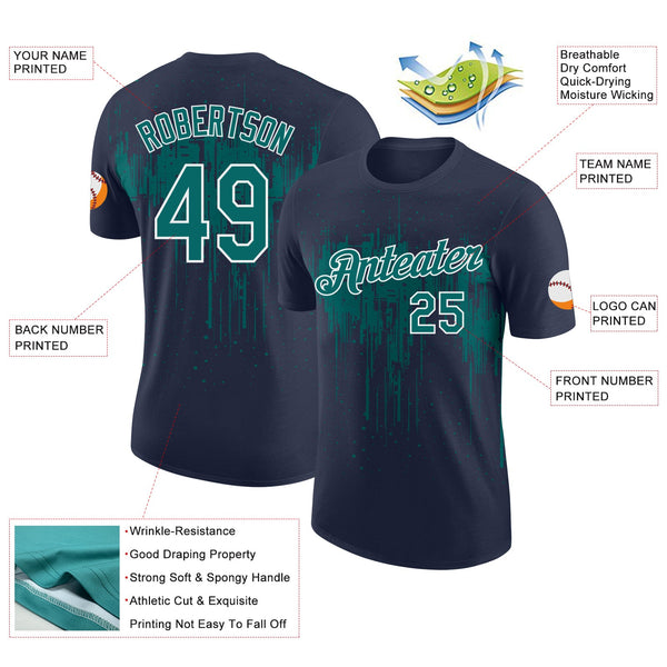Custom Navy Teal-White Dripping Splatter Paint Performance T-Shirt alternate