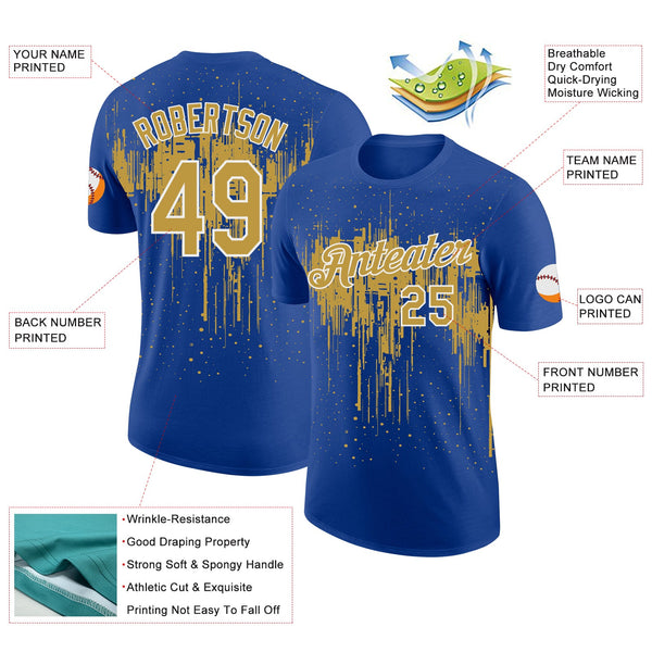 Custom Royal Old Gold-White Dripping Splatter Paint Performance T-Shirt alternate