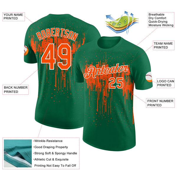 Custom Kelly Green Orange-White Dripping Splatter Paint Performance T-Shirt alternate