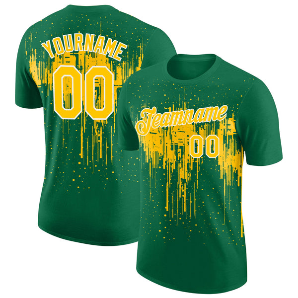 Custom Kelly Green Yellow-White Dripping Splatter Paint Performance T-Shirt