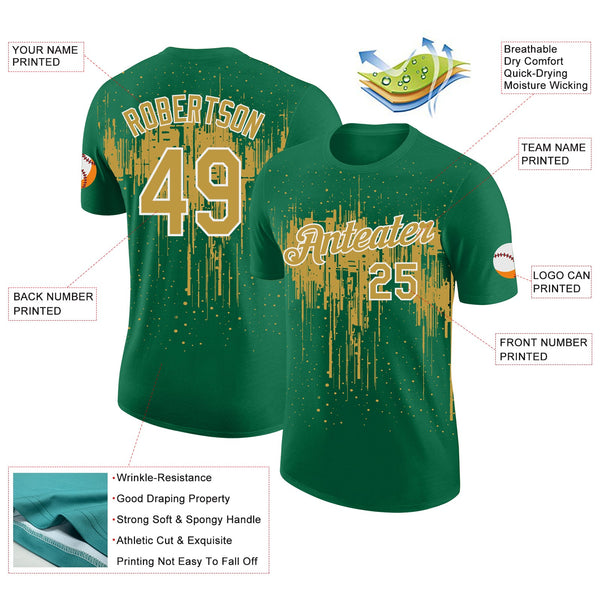 Custom Kelly Green Old Gold-White Dripping Splatter Paint Performance T-Shirt alternate