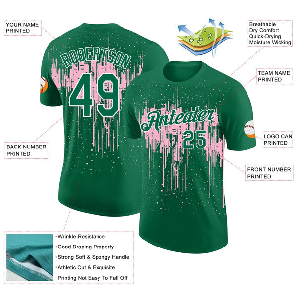 Custom Kelly Green Light Pink-White Dripping Splatter Paint Performance T-Shirt alternate