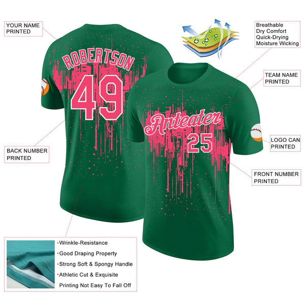 Custom Kelly Green Neon Pink-White Dripping Splatter Paint Performance T-Shirt alternate