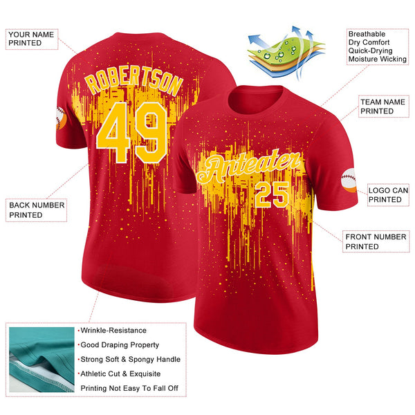 Custom Red Yellow-White Dripping Splatter Paint Performance T-Shirt alternate