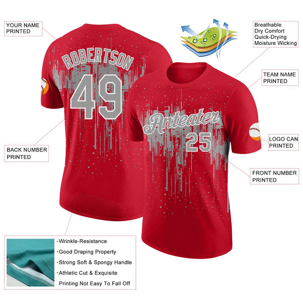 Custom Red Gray-White Dripping Splatter Paint Performance T-Shirt alternate