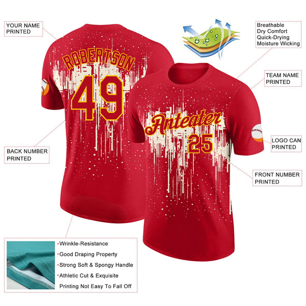 Custom Red Cream-Yellow Dripping Splatter Paint Performance T-Shirt alternate