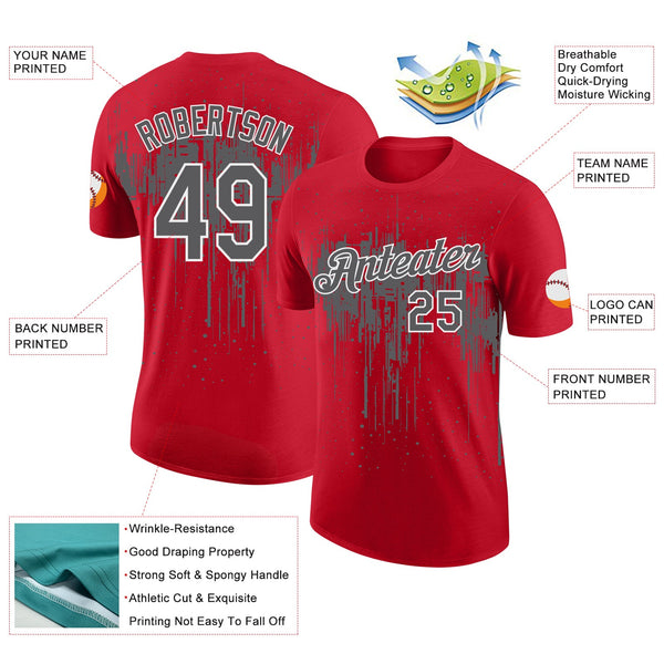 Custom Red Steel Gray-White Dripping Splatter Paint Performance T-Shirt alternate